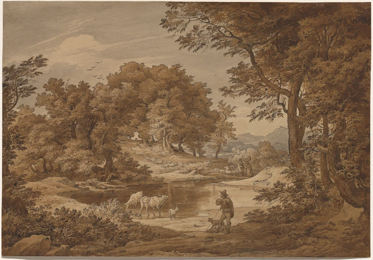 An Italianate Landscape with Shepherds by Friedrich Preller, drawing, 1826-1836