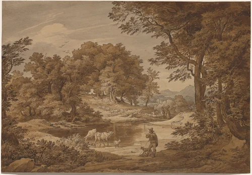 An Italianate Landscape with Shepherds by Friedrich Preller, drawing, 1826-1836