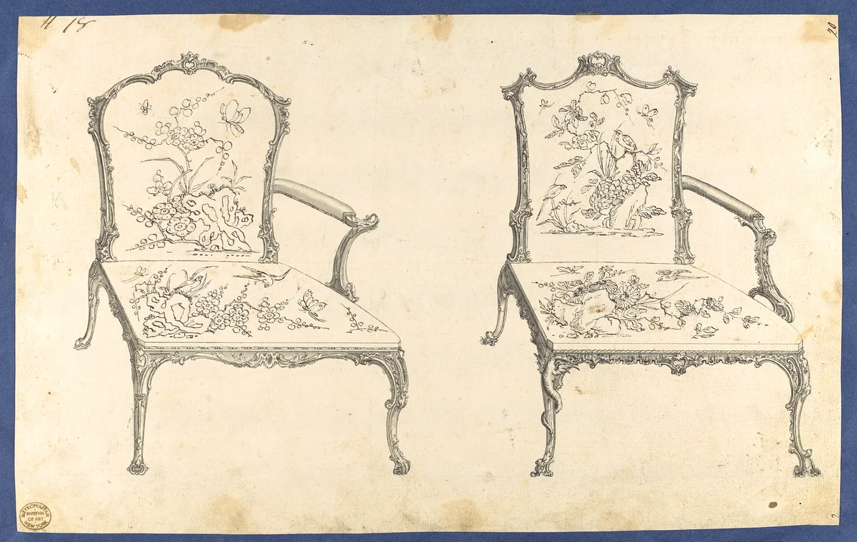 Two French Chairs, in Chippendale Drawings, Vol. I by Thomas Chippendale, drawing, 1753