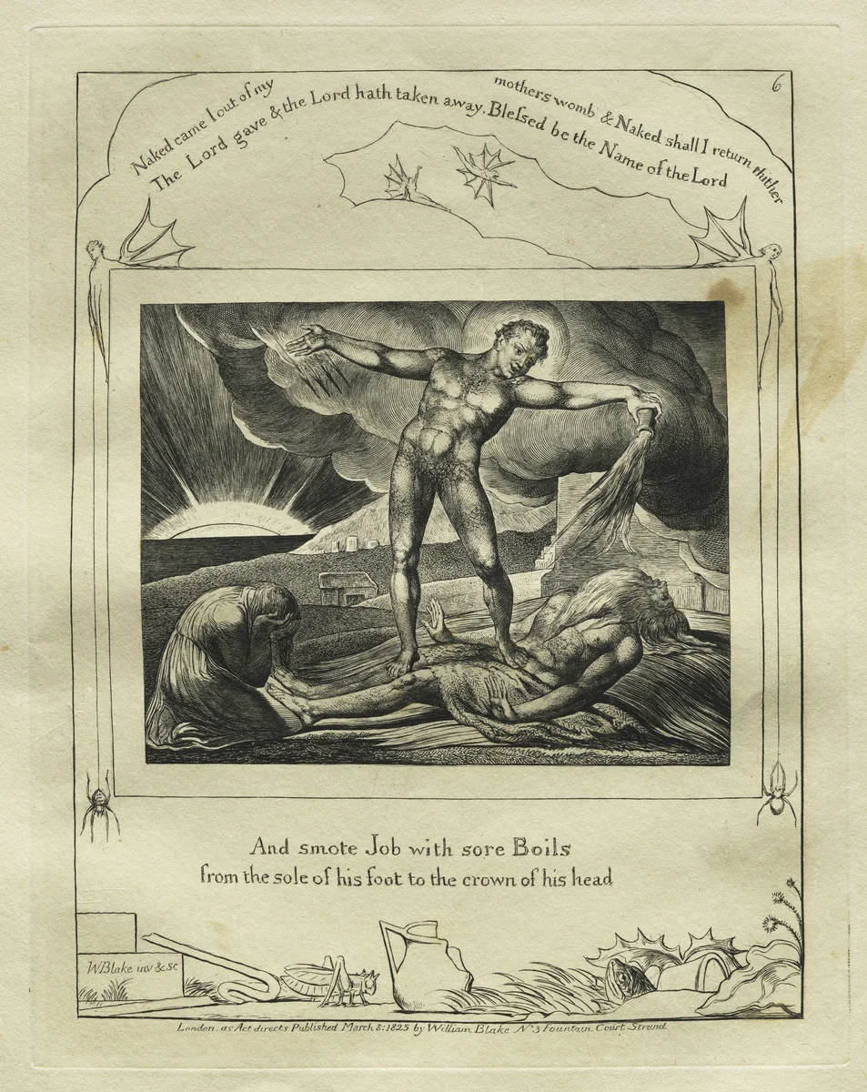 The Book of Job: Pl. 6, And smote Job with sore Boils / from the sole of his foot to the crown of his head by William Blake, print, 1825