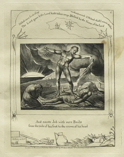 The Book of Job: Pl. 6, And smote Job with sore Boils / from the sole of his foot to the crown of his head by William Blake, print, 1825