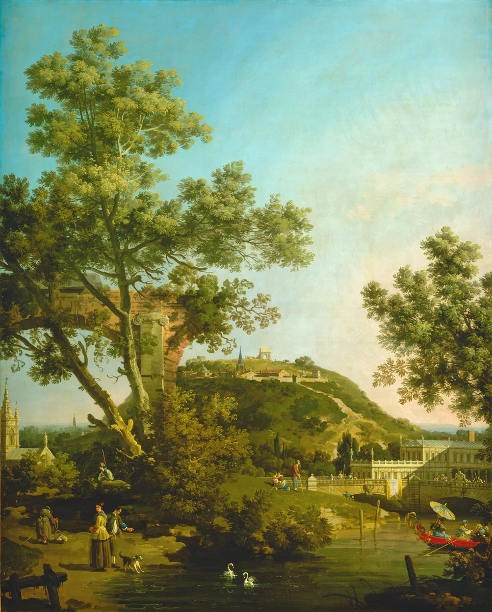 English Landscape Capriccio with a Palace by Canaletto, painting, 1754