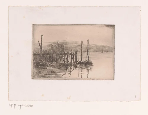 Drie zeilboten bij een pier aan de kust by Jules Guiette, print, 1862-1901