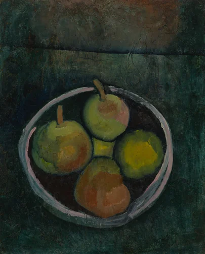 Still Life with Four Apples (Stilleben mit vier Früchten in Schale vor dunkelgrünem Grunde) by Paul Klee, drawing, 1909