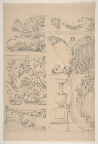 Design for Cartouches Decorated with Sea-Shells, Garlands, Foliage, Volutes and Urns by Agostino Mitelli, drawing, 1609-1660
