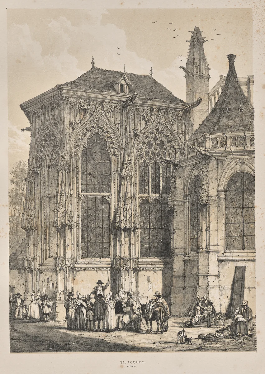 Architecture of the Middle Ages: St. Jacques, Dieppe, East End, Exterior by Joseph Nash, print, 1838