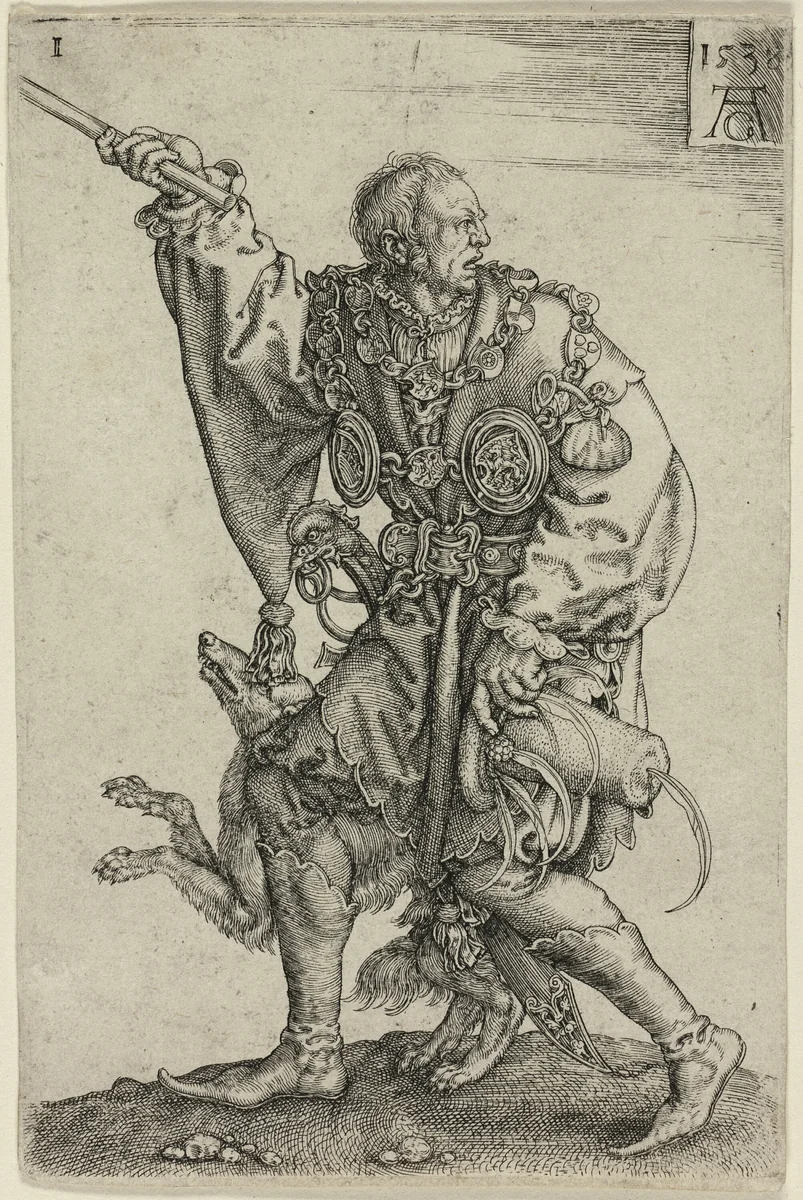 Master of Ceremonies with a Dog, plate one from the Large Wedding-Dancers by Heinrich Aldegrever, print, 1538