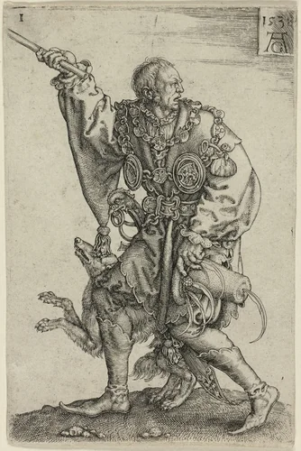 Master of Ceremonies with a Dog, plate one from the Large Wedding-Dancers by Heinrich Aldegrever, print, 1538