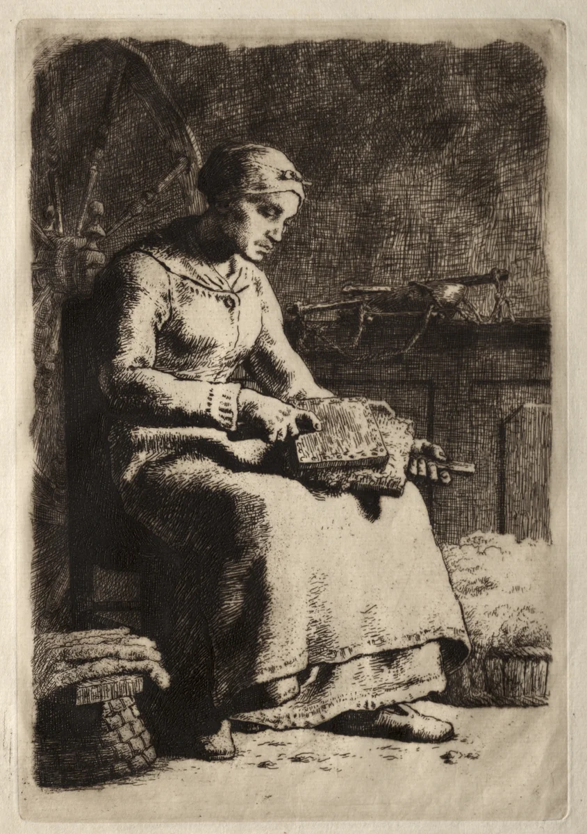 Woman Carding Wool by Jean-François Millet, print, 1856
