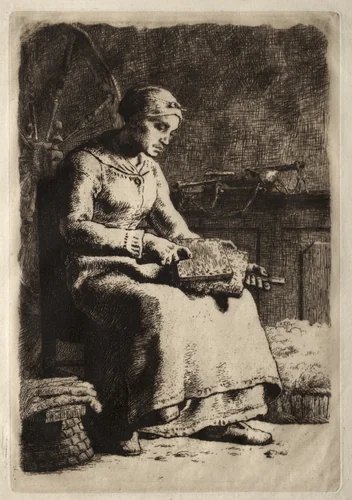 Woman Carding Wool by Jean-François Millet, print, 1856