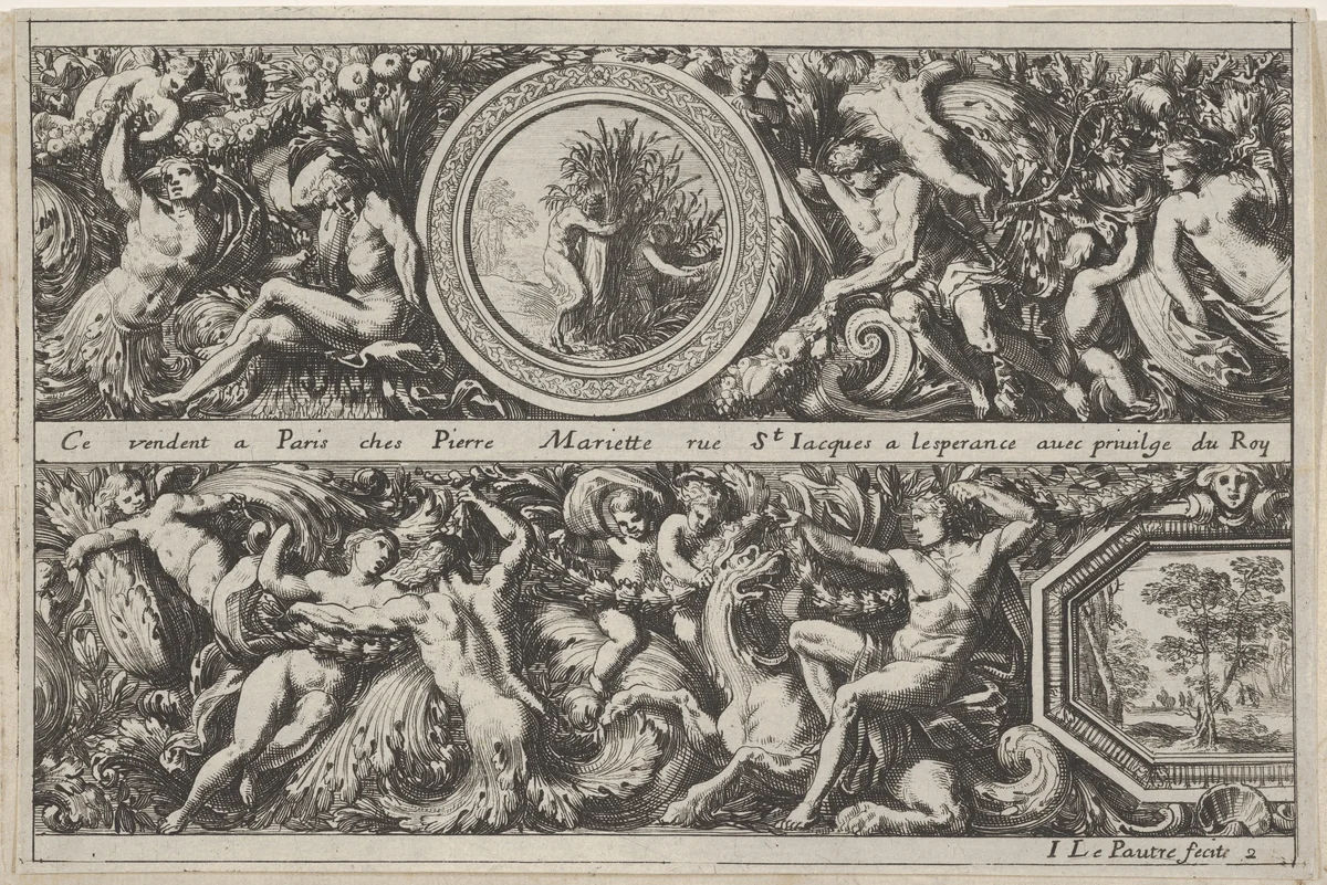 Two Designs for Friezes with Medallions, from "Frises, feuillages ou tritons marins antiques et modernes" by Jean Le Pautre, print, 1618-1682