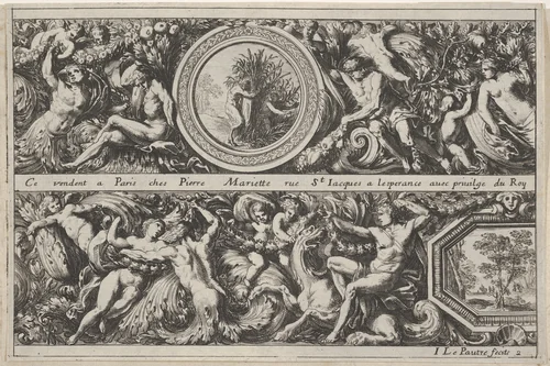 Two Designs for Friezes with Medallions, from "Frises, feuillages ou tritons marins antiques et modernes" by Jean Le Pautre, print, 1618-1682