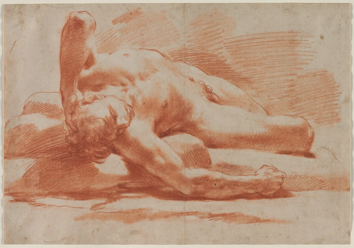Reclining Male Nude by Gaetano Gandolfi, drawing, 1750-1800