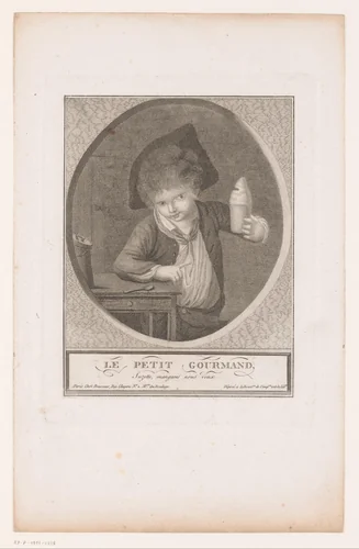 Jongen leunend aan een tafel by anonymous, print, 1700-1799