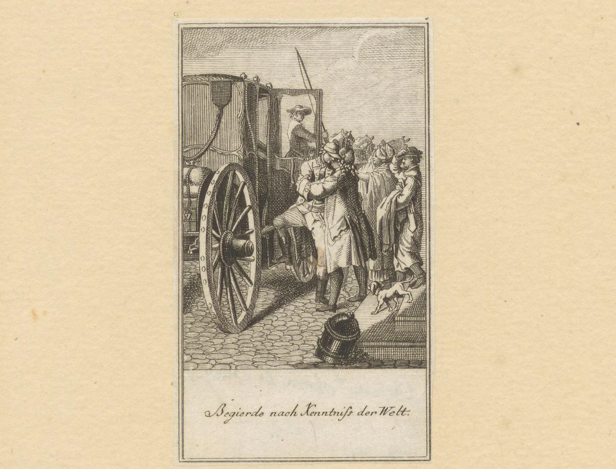 Man neemt afscheid voordat hij in een koets stapt by Daniel Berger, print, 1773