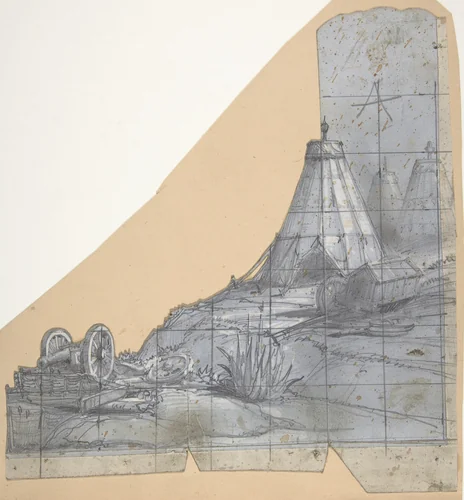 Design for a Stage Set at the Opéra, Paris: Tent and Overturned Wagon by Eugène Cicéri, drawing, 1830-1890