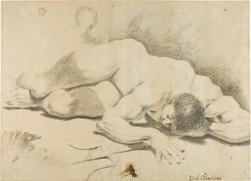 Reclining Male Nude, with Trident by Pietro Faccini, drawing, 1593-1602