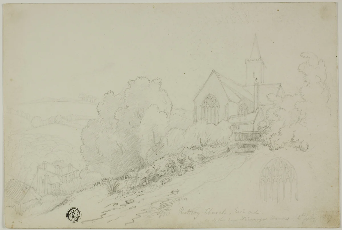 Rattery Church, East End and the new Vicarage House by Unknown Artist, drawing, 1800-1899