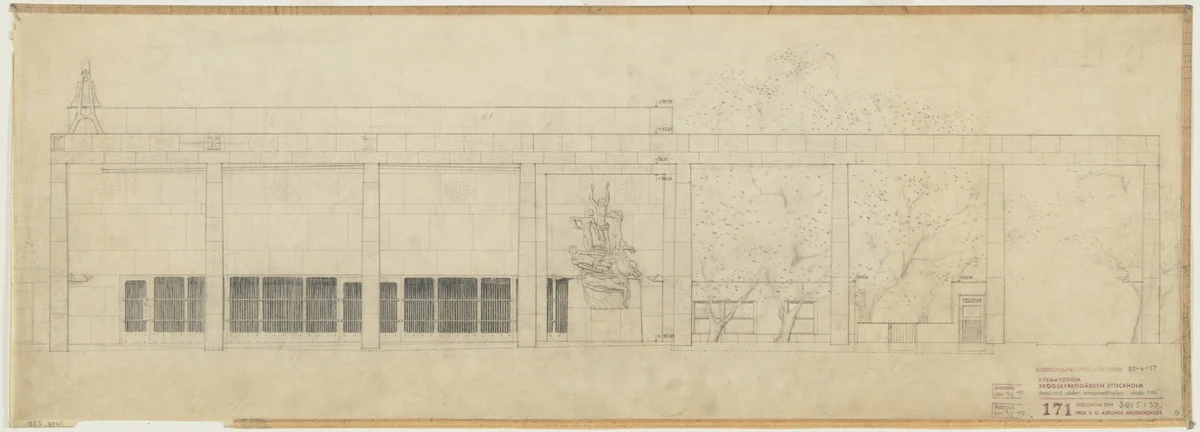 Woodland Crematorium, Stockholm, Sweden, Exterior elevation of loggia by Erik Gunnar Asplund, architecture, 1937