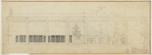 Woodland Crematorium, Stockholm, Sweden, Exterior elevation of loggia by Erik Gunnar Asplund, architecture, 1937