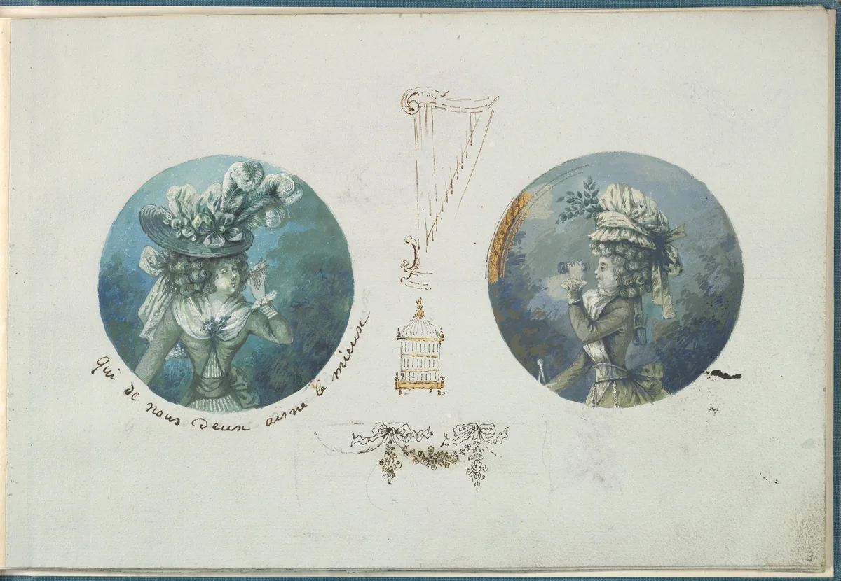 Two Costume Designs or Portrait Studies. Woman with a Bird and a Woman with Binoculars by anonymous, other, 1785-1790