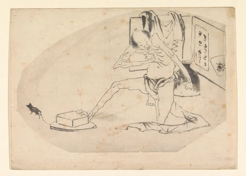 Man in lendendoek, een doos en een muis by Katsushika Hokusai (葛飾 北斎), drawing, 1700-1900