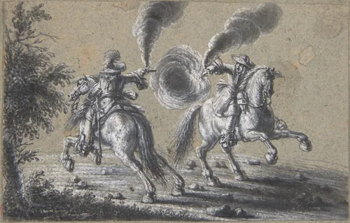 Two Horsemen Shooting at Each Other by Heinrich Werdmüller, drawing, 1600-1677