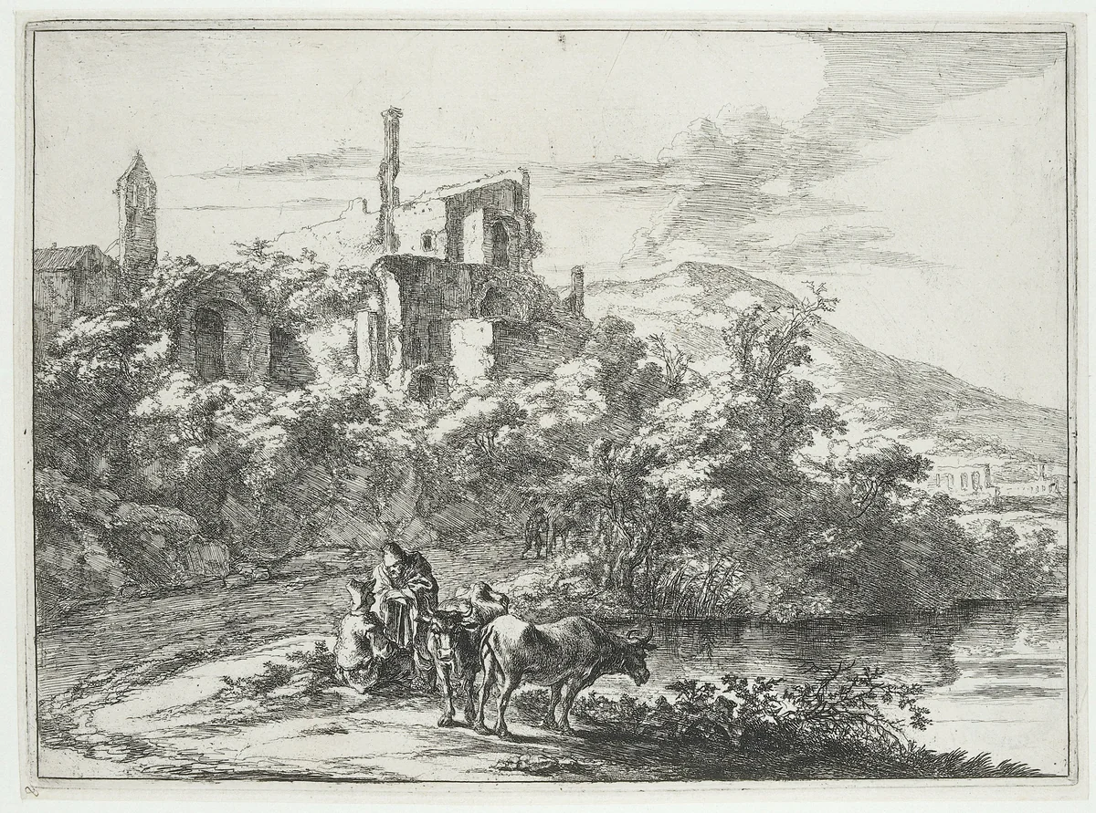 Twee koeien bij het water bij Tivoli by Jan Both, print, 1644-1652