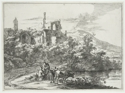 Twee koeien bij het water bij Tivoli by Jan Both, print, 1644-1652