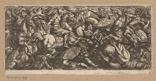 Aanval van de cavalerie waarbij soldaten en paarden vertrapt worden by Antonio Tempesta, print, 1565-1630