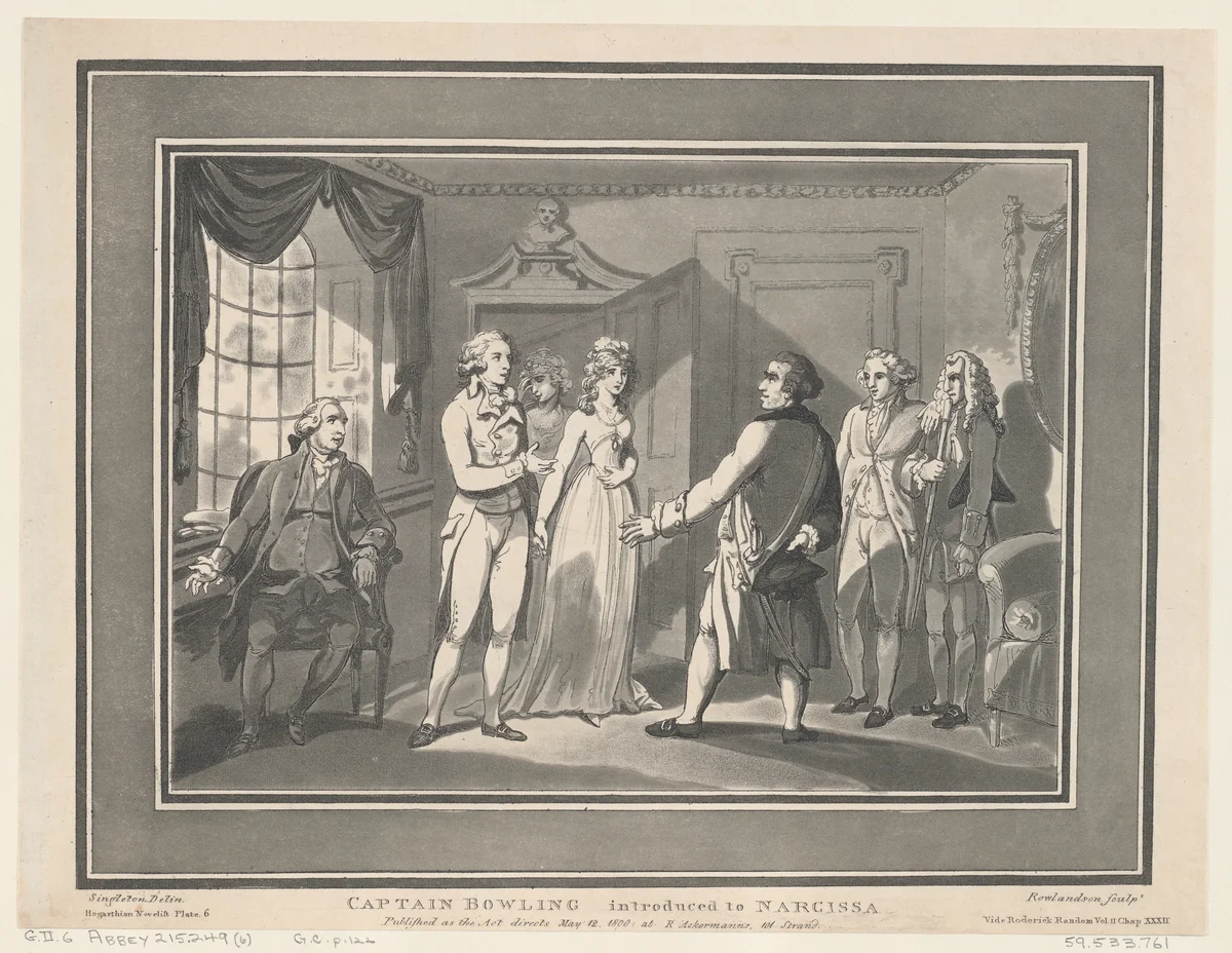 Captain Bowling introduced to Narcissa by Thomas Rowlandson, print, 1800