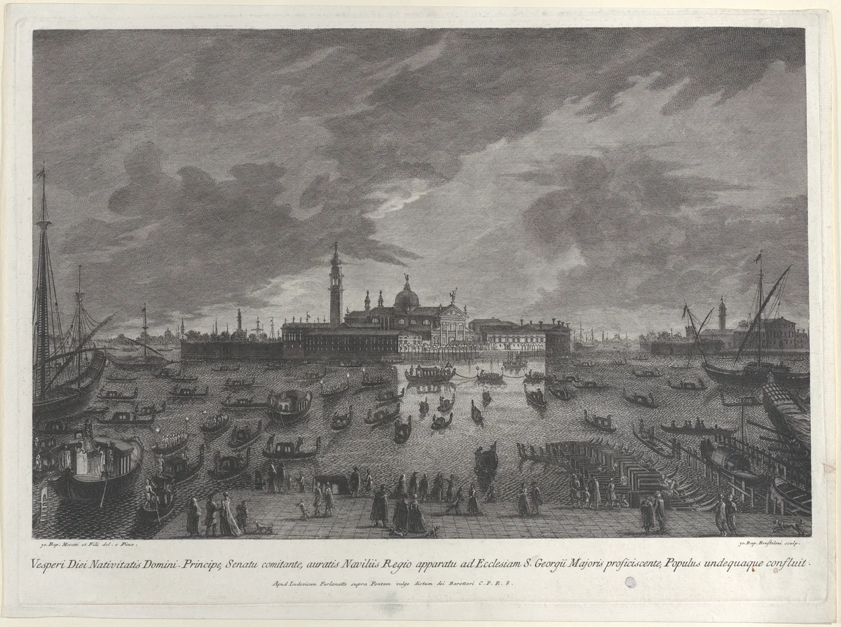 Nocturnal view of the procession on Christmas Eve of the Doge and Venetian Senate to San Giorgio Maggiore by Giovanni Battista Brustolon, print, 1763