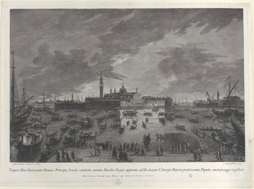 Nocturnal view of the procession on Christmas Eve of the Doge and Venetian Senate to San Giorgio Maggiore by Giovanni Battista Brustolon, print, 1763