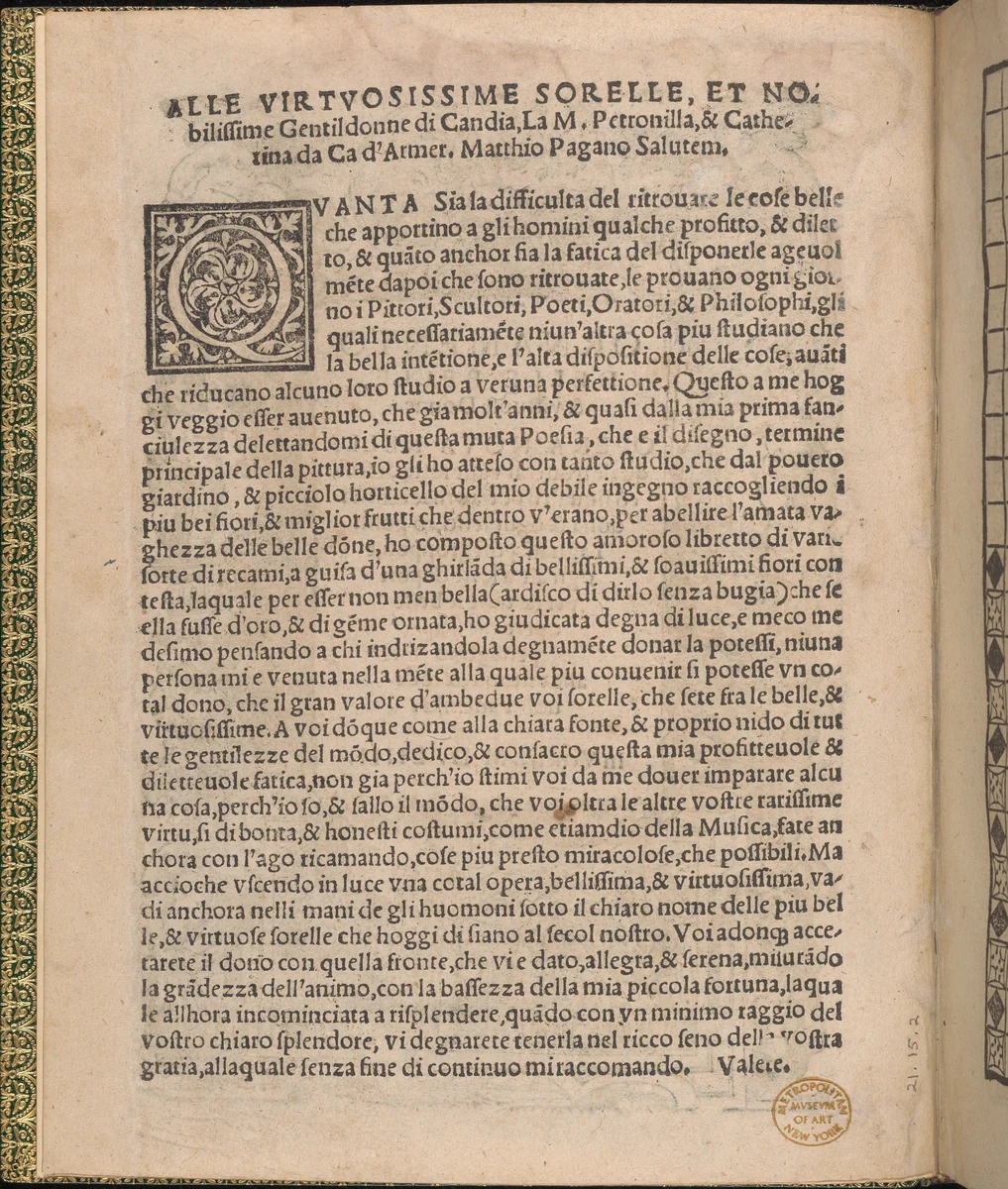 Ornamento delle belle & virtuose donne, title page (verso) by Matteo Pagano, book, 1554