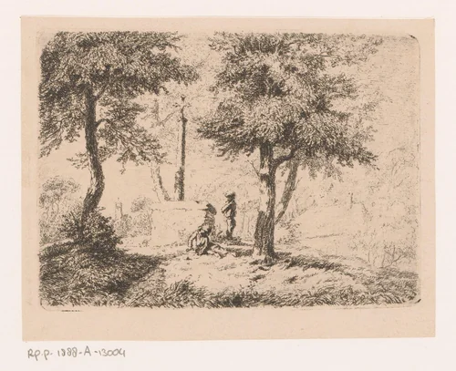 Twee kinderen bij een hagelkruis in het landschap by Lodewijk Juliaan Fuchs, print, 1824-1873