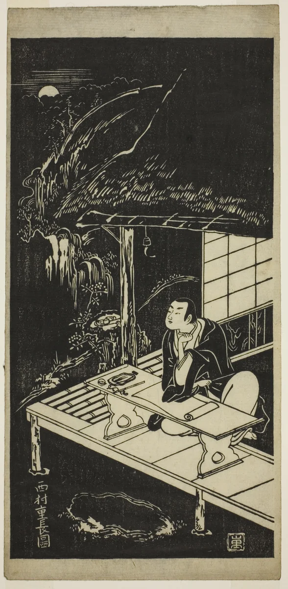 Man in Thatched Hut Viewing the Moon by Nishimura Shigenaga, print, 1740-1749