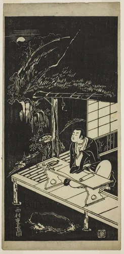 Man in Thatched Hut Viewing the Moon by Nishimura Shigenaga, print, 1740-1749