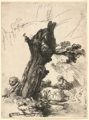 Saint Jerome beside a Pollard Willow by Rembrandt van Rijn, print, 1648