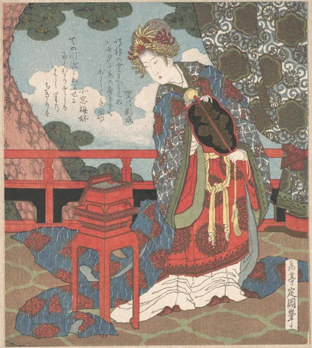 Lady with Fan Standing on Verandah by Yashima Gakutei (八島岳亭), print, 1800-1899