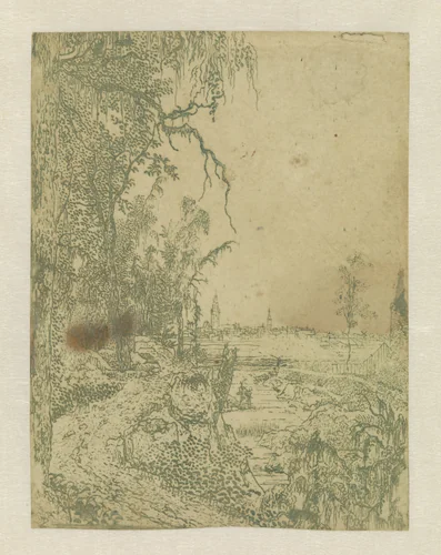 A Road Bordered by Trees, a City in the Background by Hercules Segers, print, 1622-1625