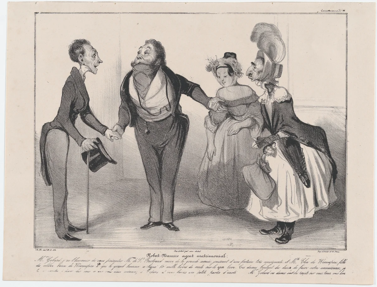 Plate 16: Robert Macaire matrimonial agent, from 'Caricaturana,' published in Les Robert Macaires by Honoré Daumier, print, 1838