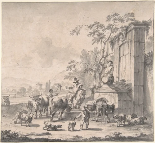Landscape with Herdsmen, Sheep and Cows Around a Fountain by Pieter Bout, drawing, 1670-1719