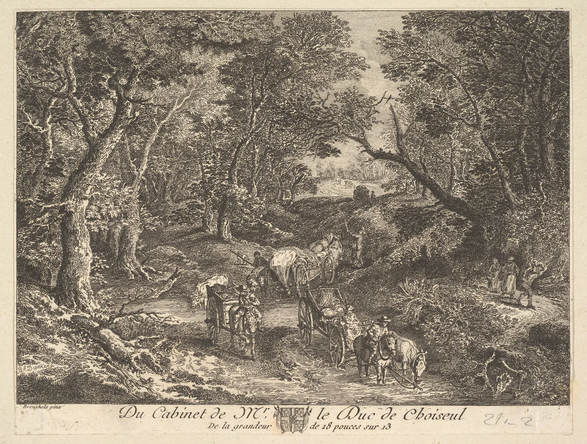 Carts on a Path through the Woods after a painting in the collection of the Duc de Choiseul by anonymous, print, 1771