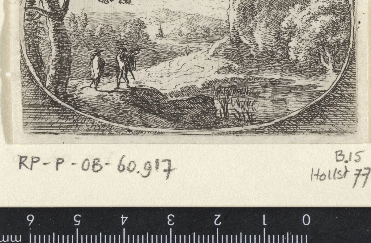 Landschap met een gebouw op een rots by Herman van Swanevelt, print, 1650-1655