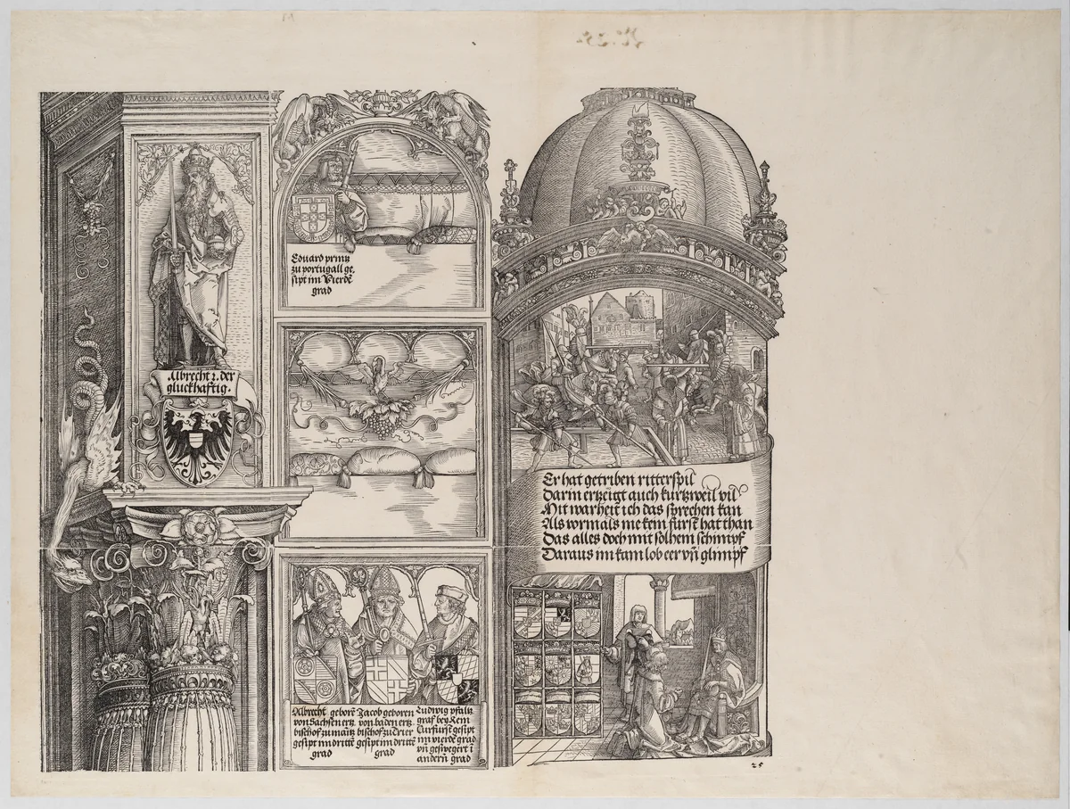 Tournaments and Masquerades; and Maximilian's Genealogical and Heraldic Studies; with a Statue of Albrecht the Lucky; and Portraits of Maximilian's Ancestors and Relatives,from the Arch of Honor, proof, dated 1515, printed 1517-18 by Albrecht Altdorfer, print, 1515