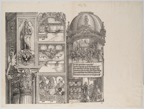 Tournaments and Masquerades; and Maximilian's Genealogical and Heraldic Studies; with a Statue of Albrecht the Lucky; and Portraits of Maximilian's Ancestors and Relatives,from the Arch of Honor, proof, dated 1515, printed 1517-18 by Albrecht Altdorfer, print, 1515