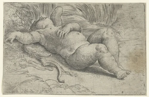 Slapende Cupido by Parmigianino, print, 1513-1540