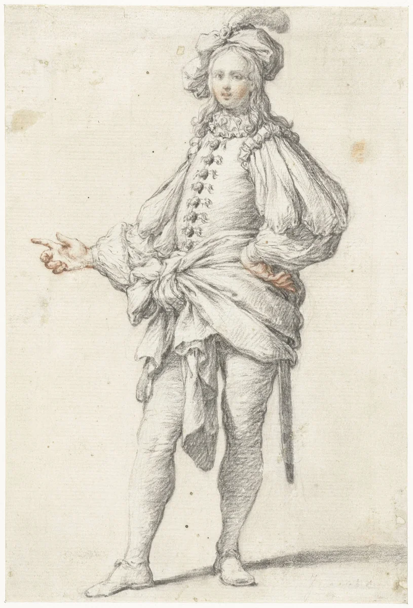 Staande jongeman in theaterkostuum by anonymous, drawing, 1600-1699