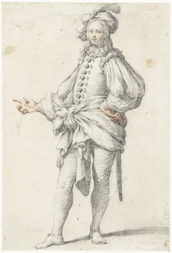 Staande jongeman in theaterkostuum by anonymous, drawing, 1600-1699