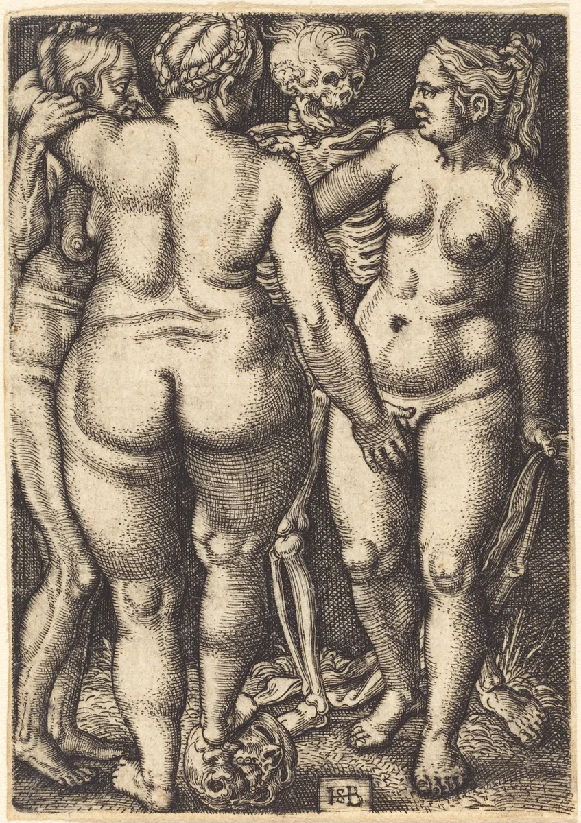 Death and Three Nude Women by Sebald Beham; Barthel Beham, print, 1500-1550